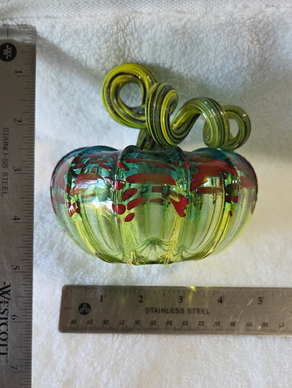 Luke Adams Hand Blown Glass Squat Pumpkin — Teal Aqua Yellow Multicolor